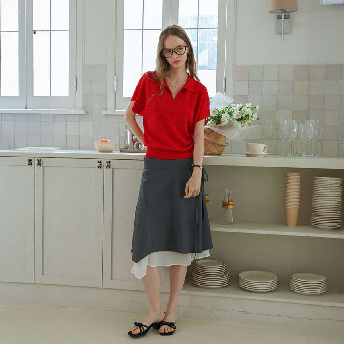 던드롭(DUNDROP) DD_Open collar knit top_RED