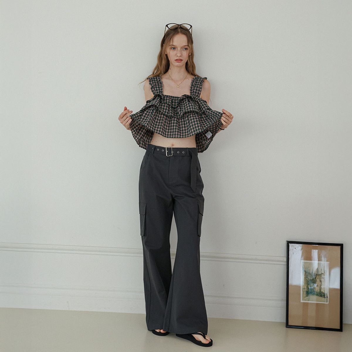 던드롭(DUNDROP) DD_Check frill crop top_GREEN