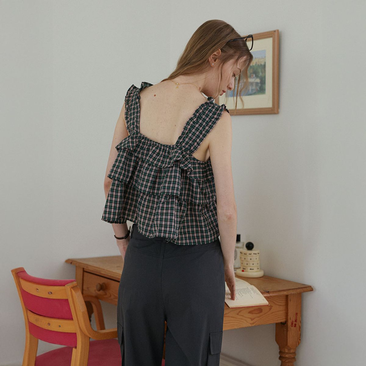 던드롭(DUNDROP) DD_Check frill crop top_GREEN