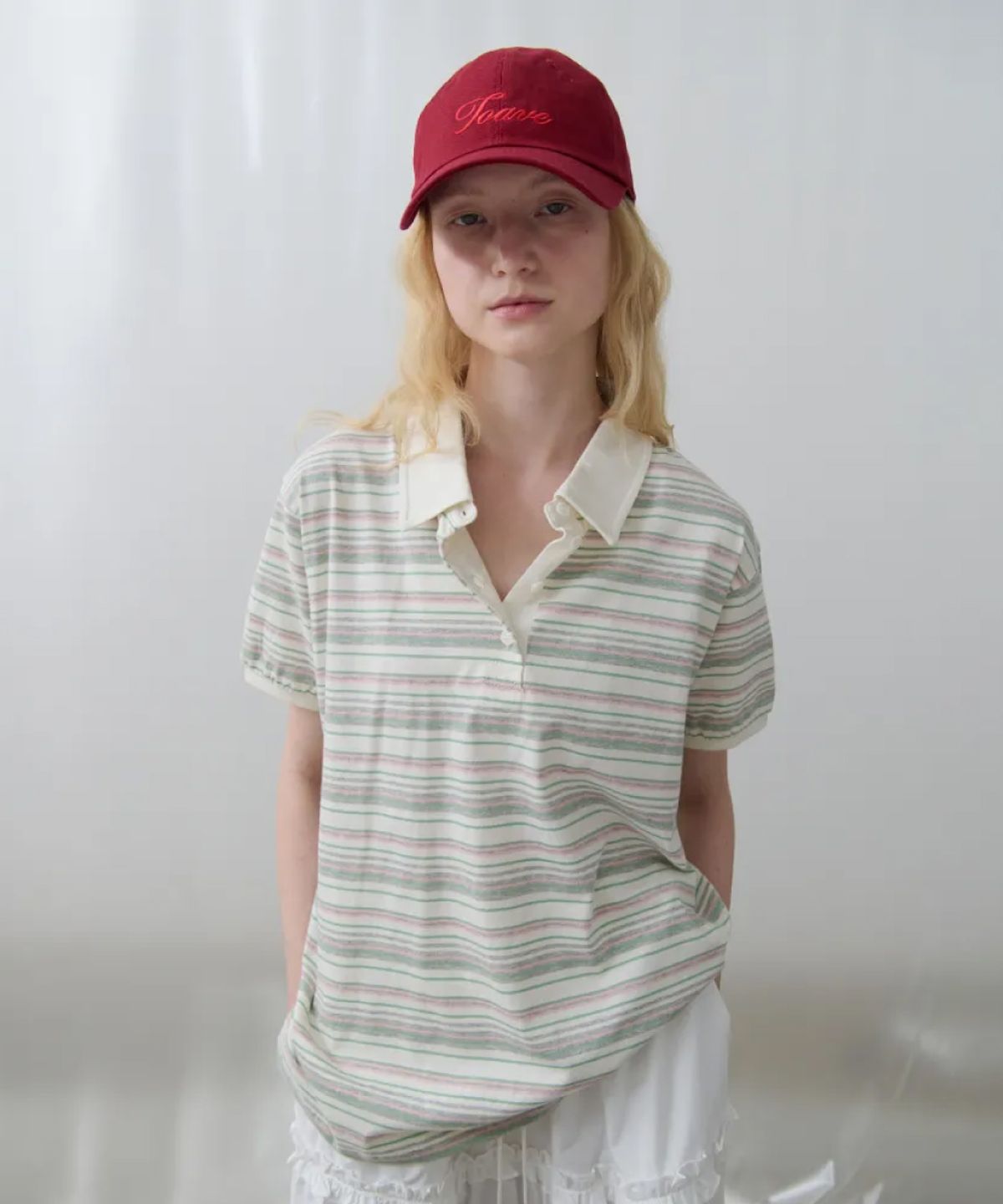 토아베(TOAVE) Sand Half-Open Striped Polo Tee (Pink)