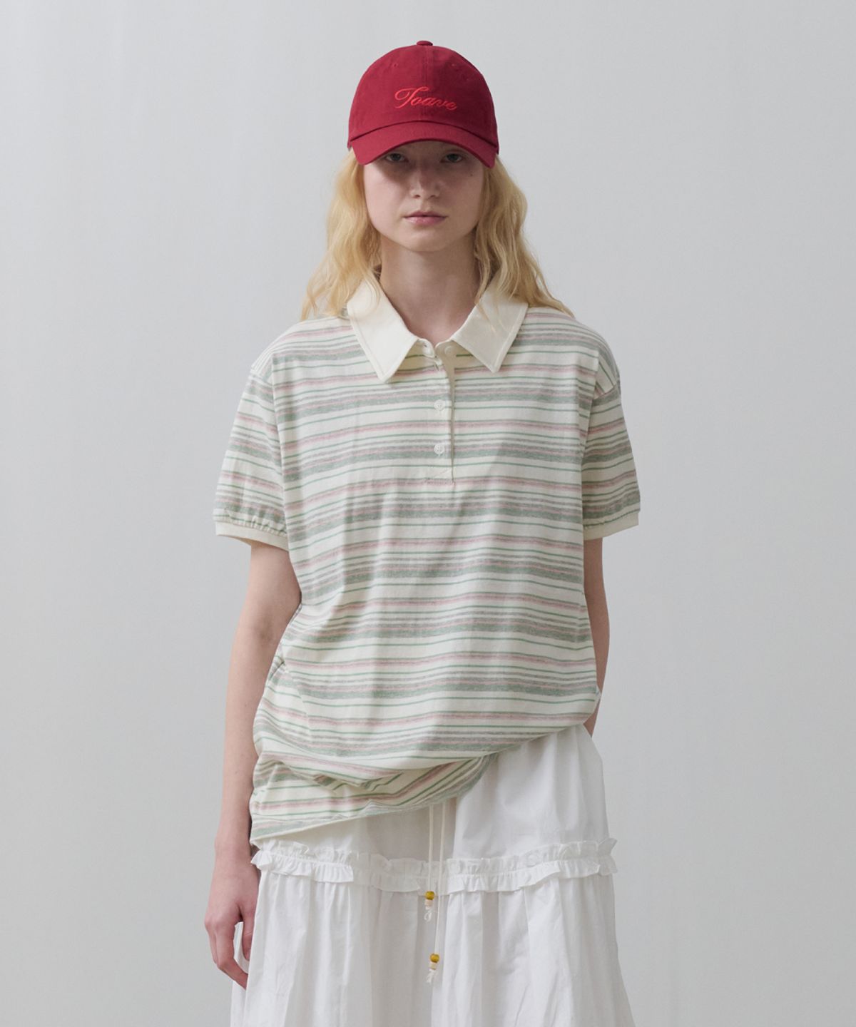 토아베(TOAVE) Sand Half-Open Striped Polo Tee (Pink)