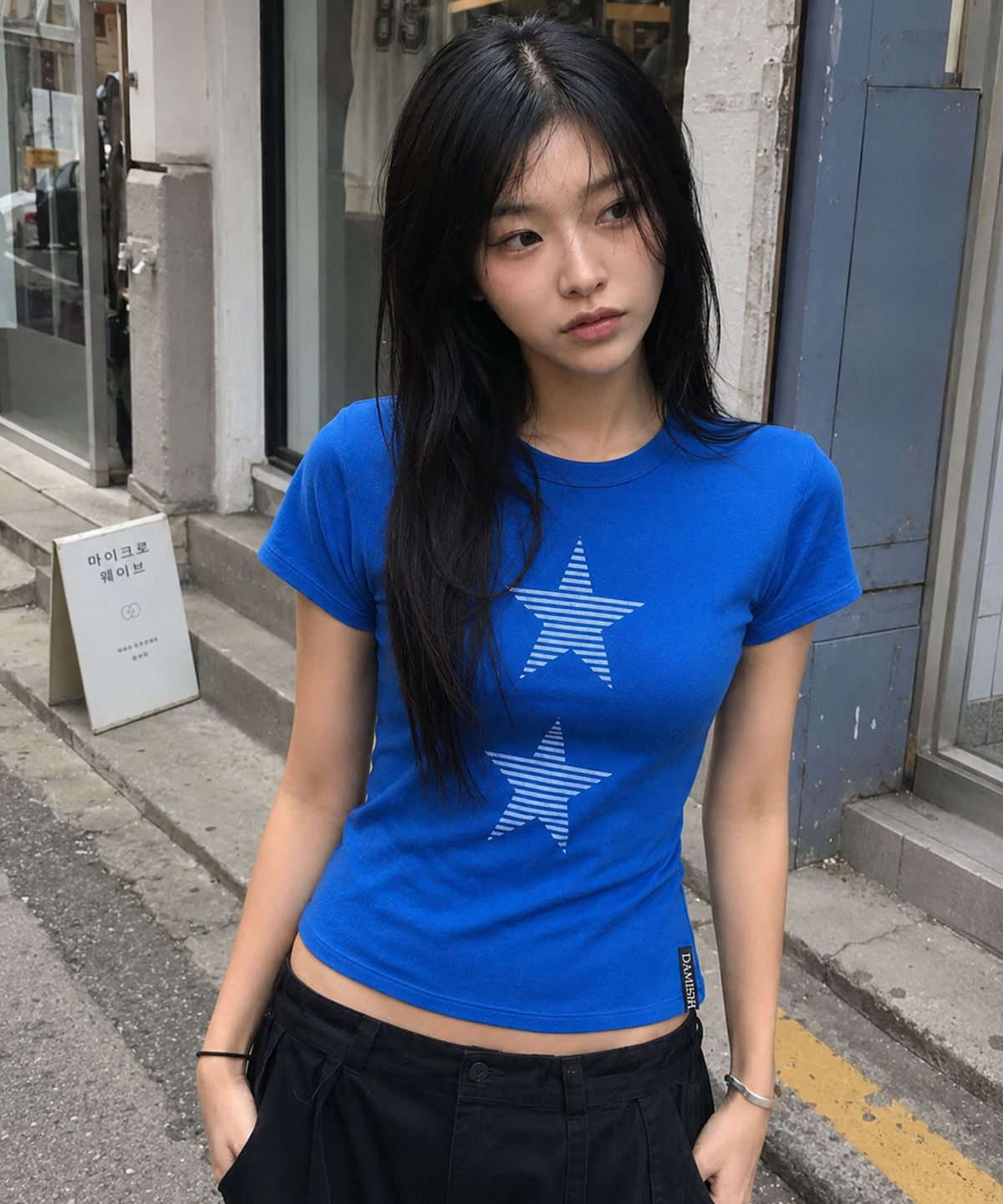다미쉬(DAMISH) 스트라이프 스타 캡 슬리브 티셔츠_블루