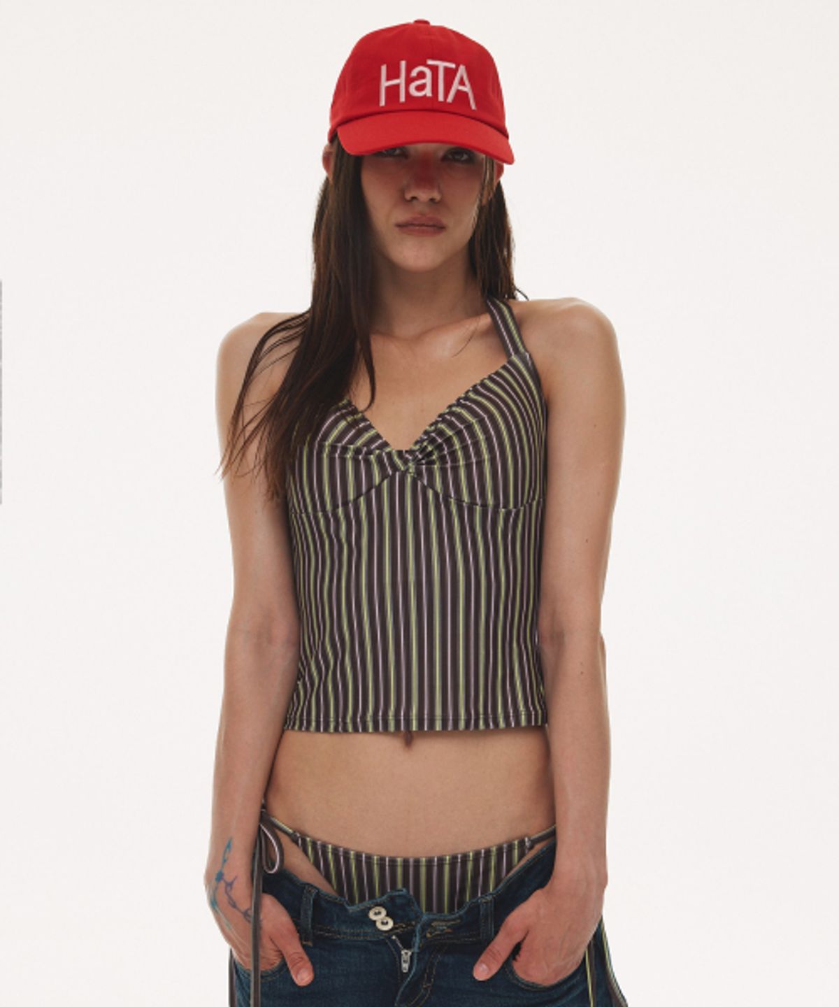 하타(HATA) Stripe Halter Neck Bikini Set_Vintage Brown