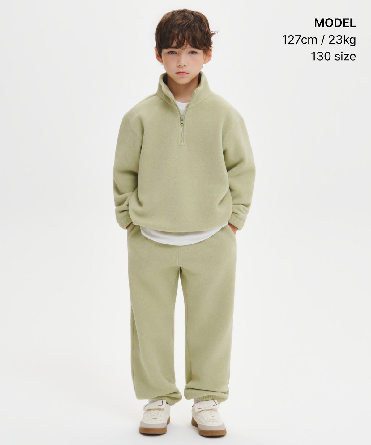 무신사 스탠다드 키즈(MUSINSA STANDARD KIDS) 오버사이즈 폴라 플리스 하프 집업 [피스타치오]