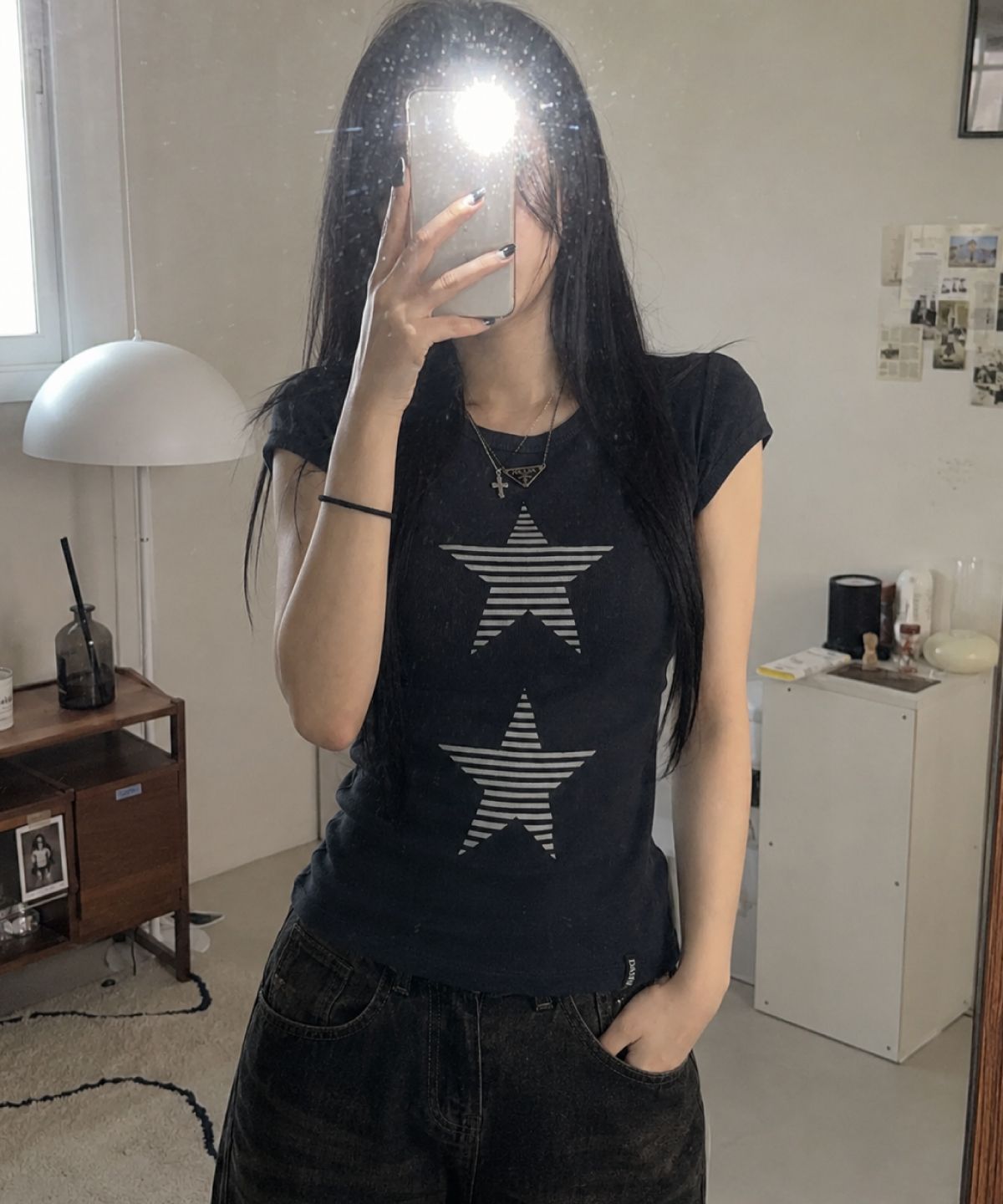 다미쉬(DAMISH) 스트라이프 스타 캡 슬리브 티셔츠_차콜