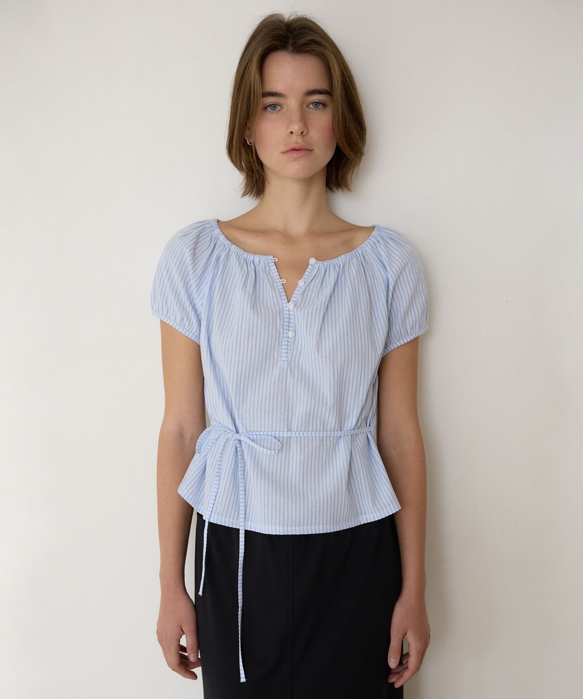 어몽(AMONG) A STRIPE BUTTON BLOUSE_LIGHT BLUE