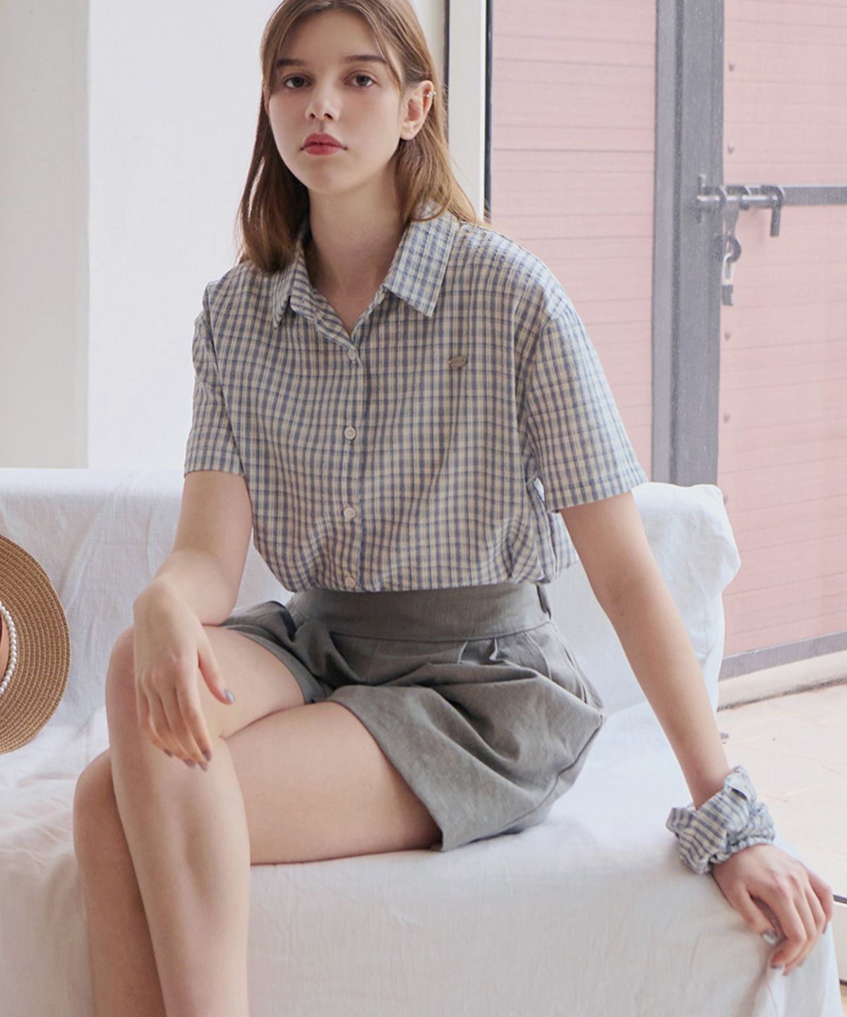 루시다(LUSIDA) [스크런치 set] 베른 린넨 체크 하프 셔츠_2 Colors