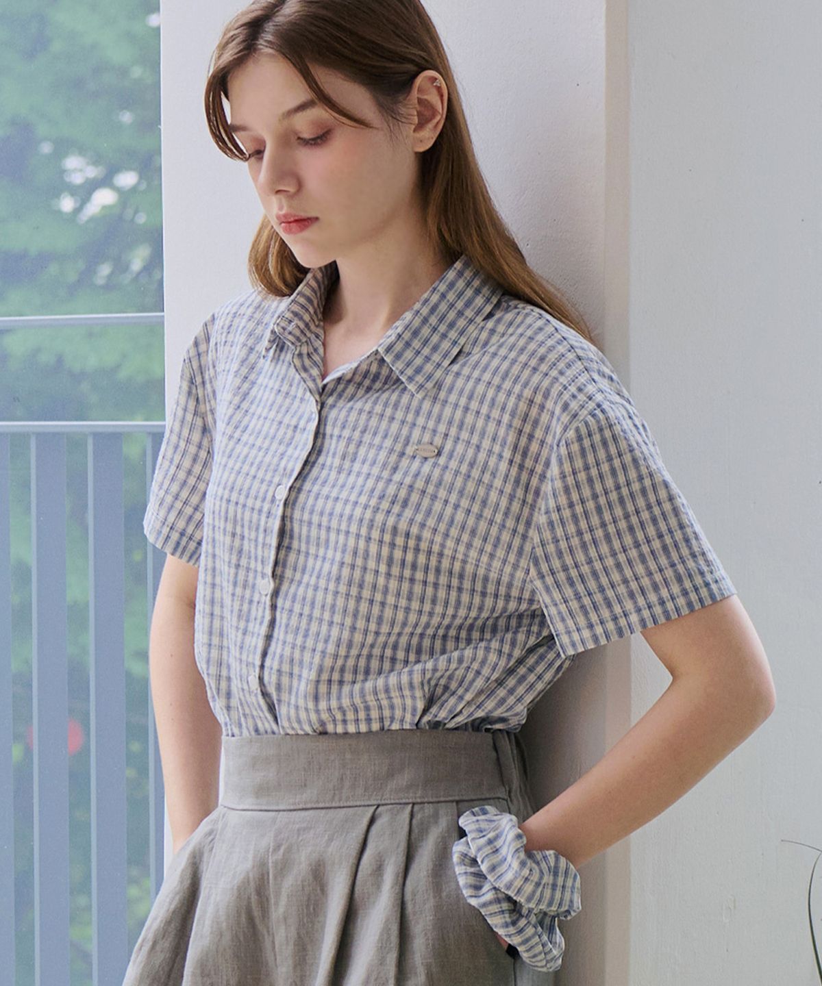 루시다(LUSIDA) [스크런치 set] 베른 린넨 체크 하프 셔츠_2 Colors