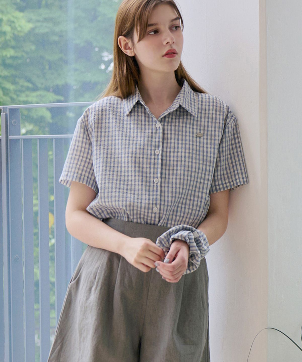 루시다(LUSIDA) [스크런치 set] 베른 린넨 체크 하프 셔츠_2 Colors