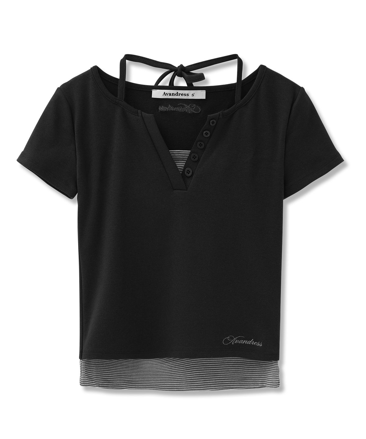 어반드레스(AVANDRESS) Sally V-cut Stripe Layered Short Sleeve_4Colors
