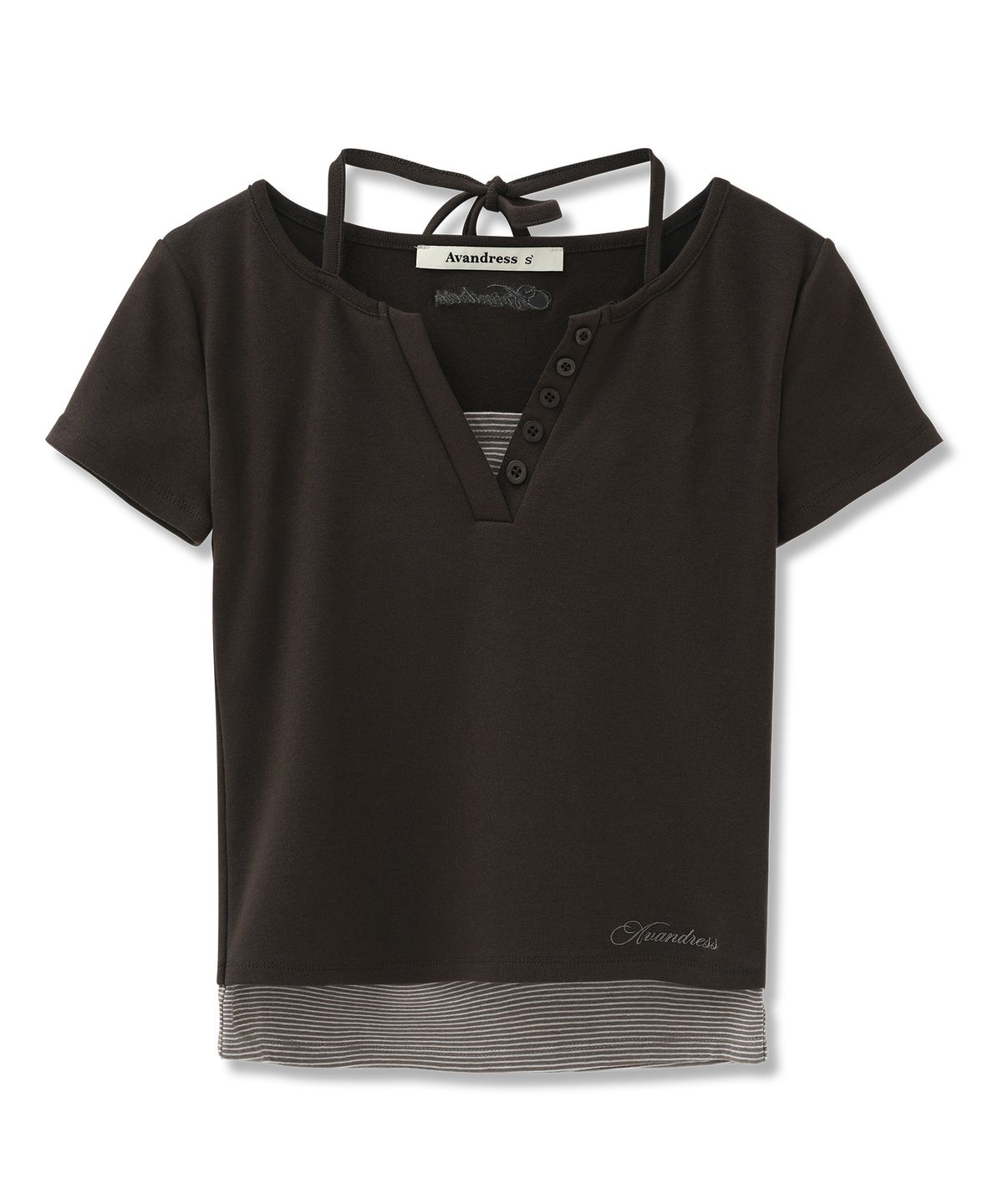 어반드레스(AVANDRESS) Sally V-cut Stripe Layered Short Sleeve_4Colors