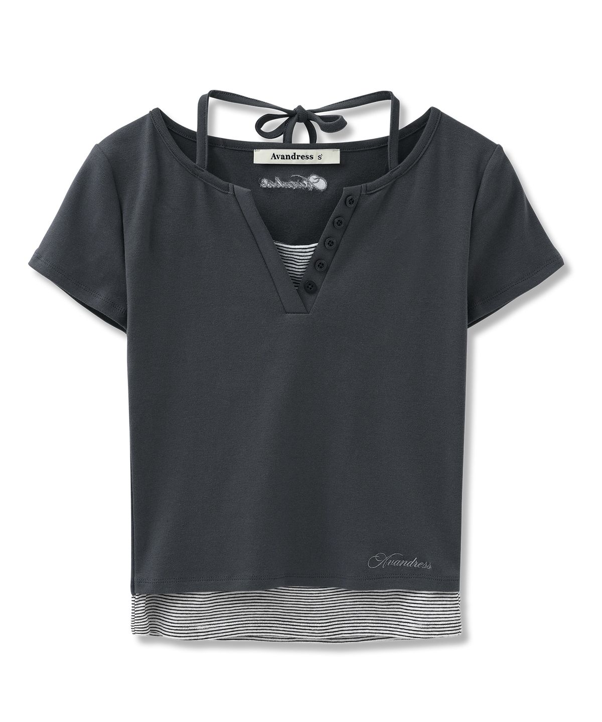 어반드레스(AVANDRESS) Sally V-cut Stripe Layered Short Sleeve_4Colors