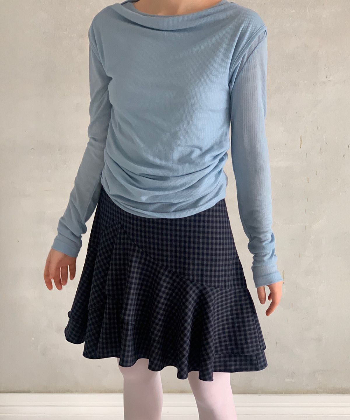 토아베(TOAVE) Tiered Ruffle Check Skirt (Blue navy)