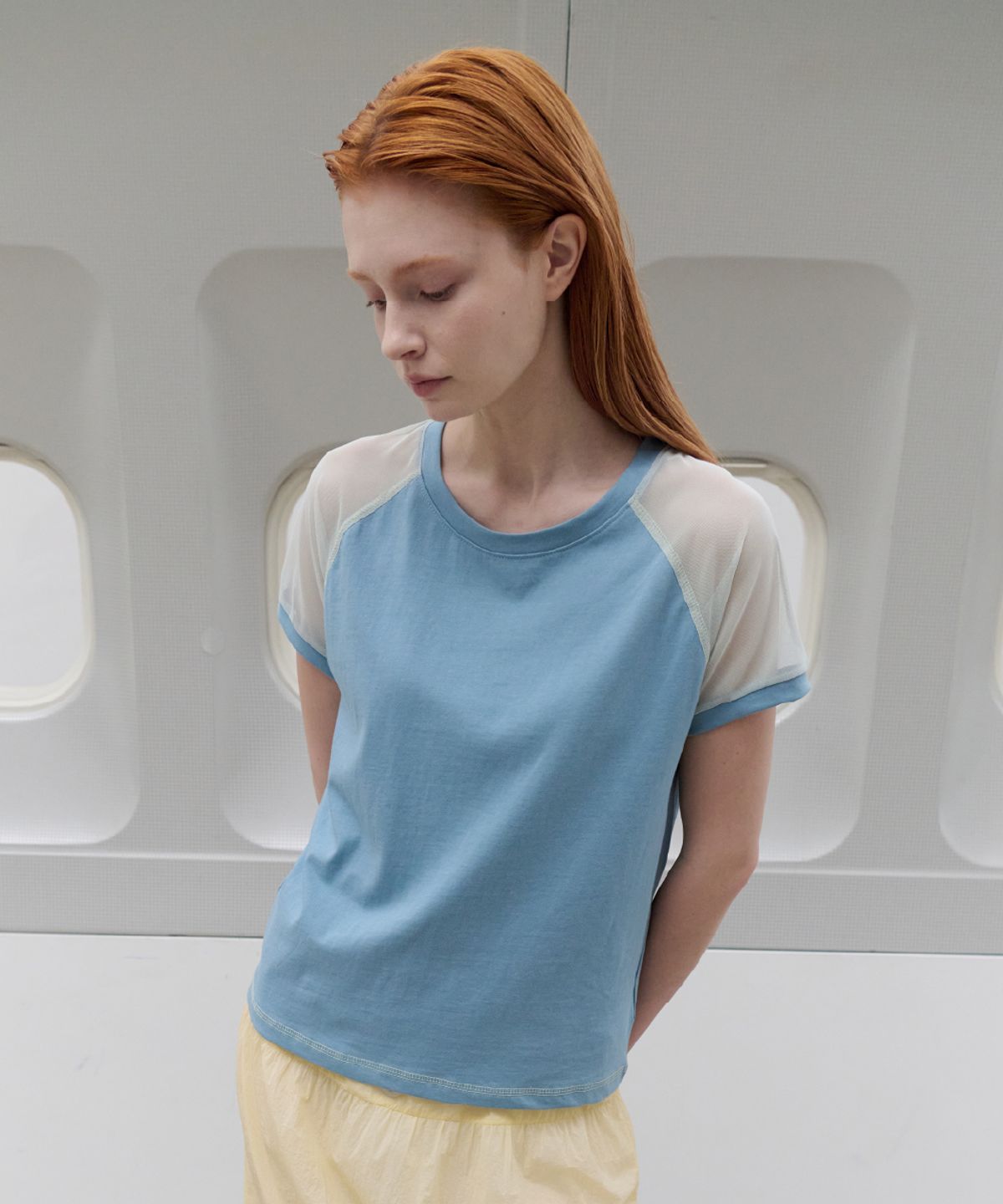 토아베(TOAVE) Mesh Color-Block Raglan T-Shirt (Blue)