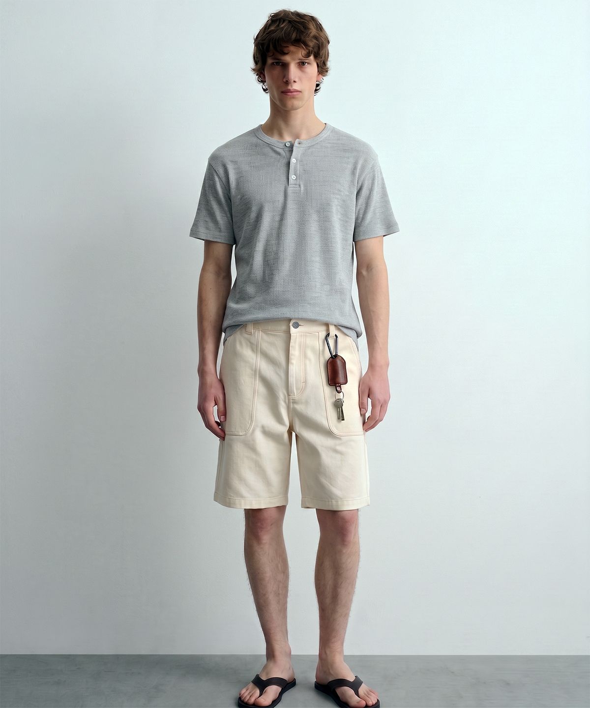 디 그랜드 마틴(DE GRAND MATIN) Waffle Henley-neck T-shirt_Melange Grey