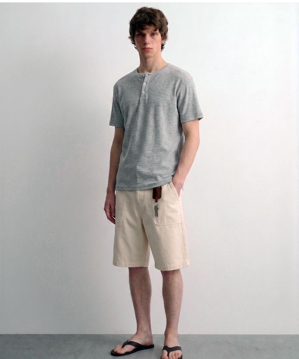 디 그랜드 마틴(DE GRAND MATIN) Waffle Henley-neck T-shirt_Melange Grey
