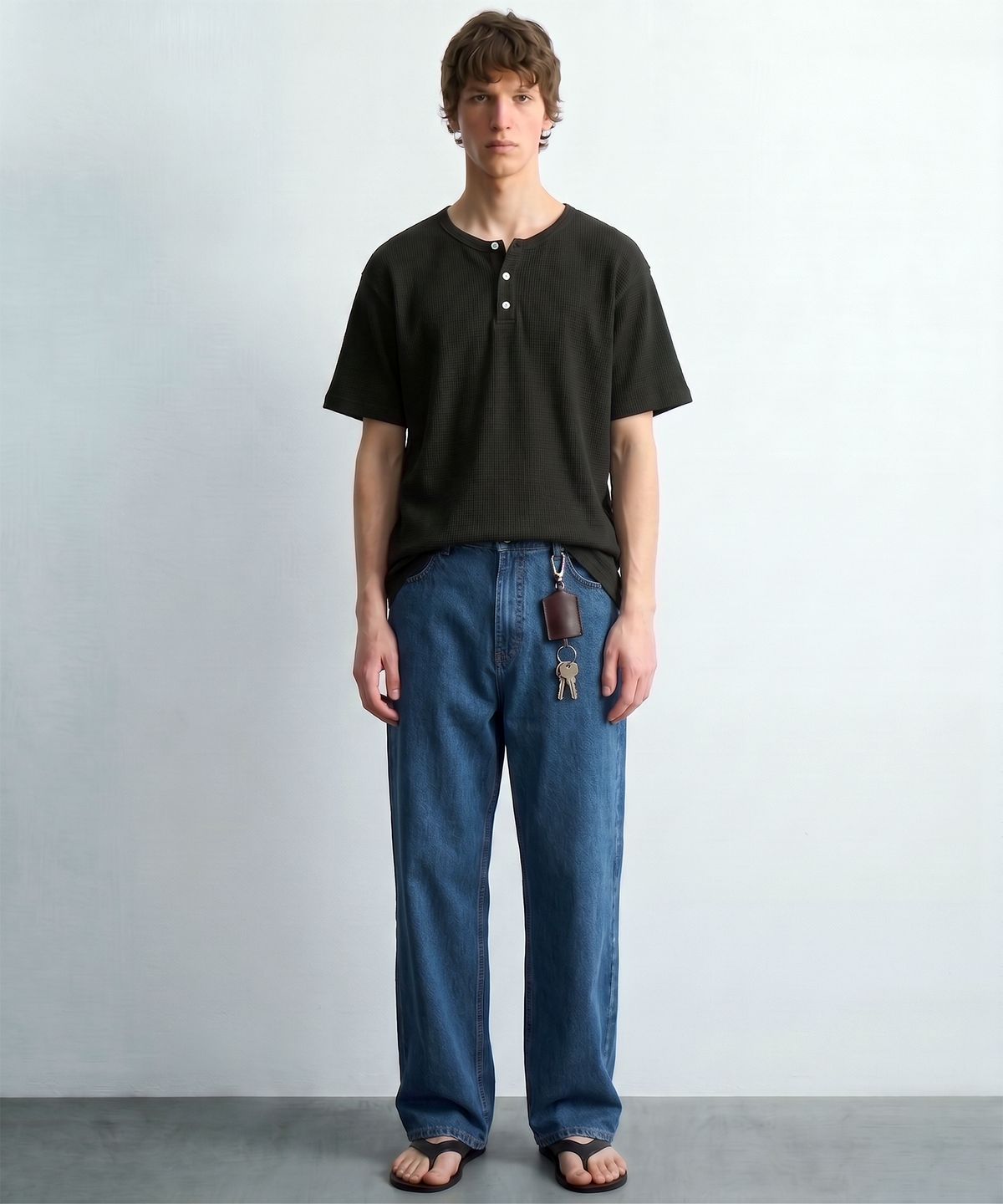 디 그랜드 마틴(DE GRAND MATIN) Waffle Henley-neck T-shirt_Black