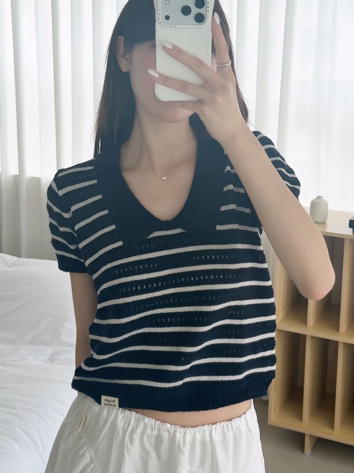 오라이(ORIGHH) 스카시 스트라이프 브이넥 썸머니트_네이비(3color/2size)