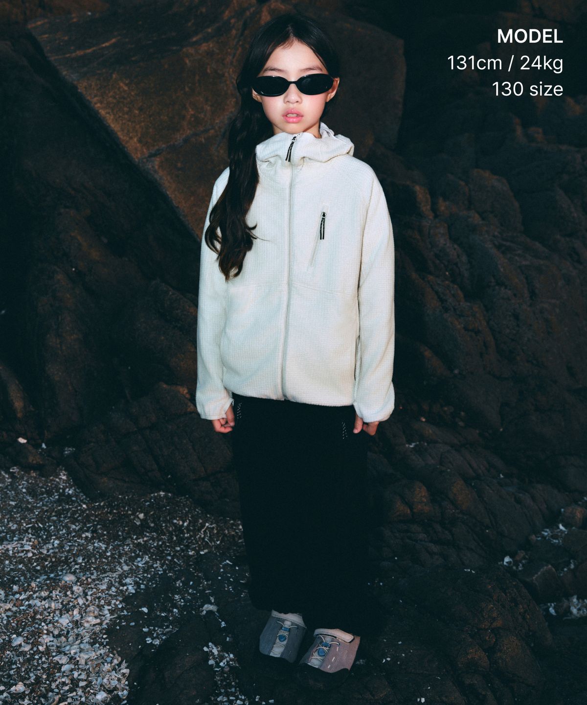 무신사 스탠다드 키즈(MUSINSA STANDARD KIDS) [시티 레저] 그리드 폴라 플리스 바라클라바 후디드 집업 [스톤 화이트]