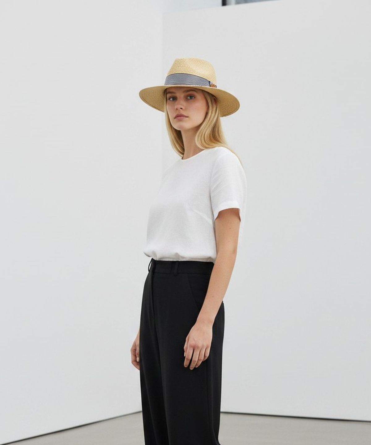 유니버셜 케미스트리(UNIVERSAL CHEMISTRY) Stripe Line Summer Beige Fedora - Big Size 여름페도라