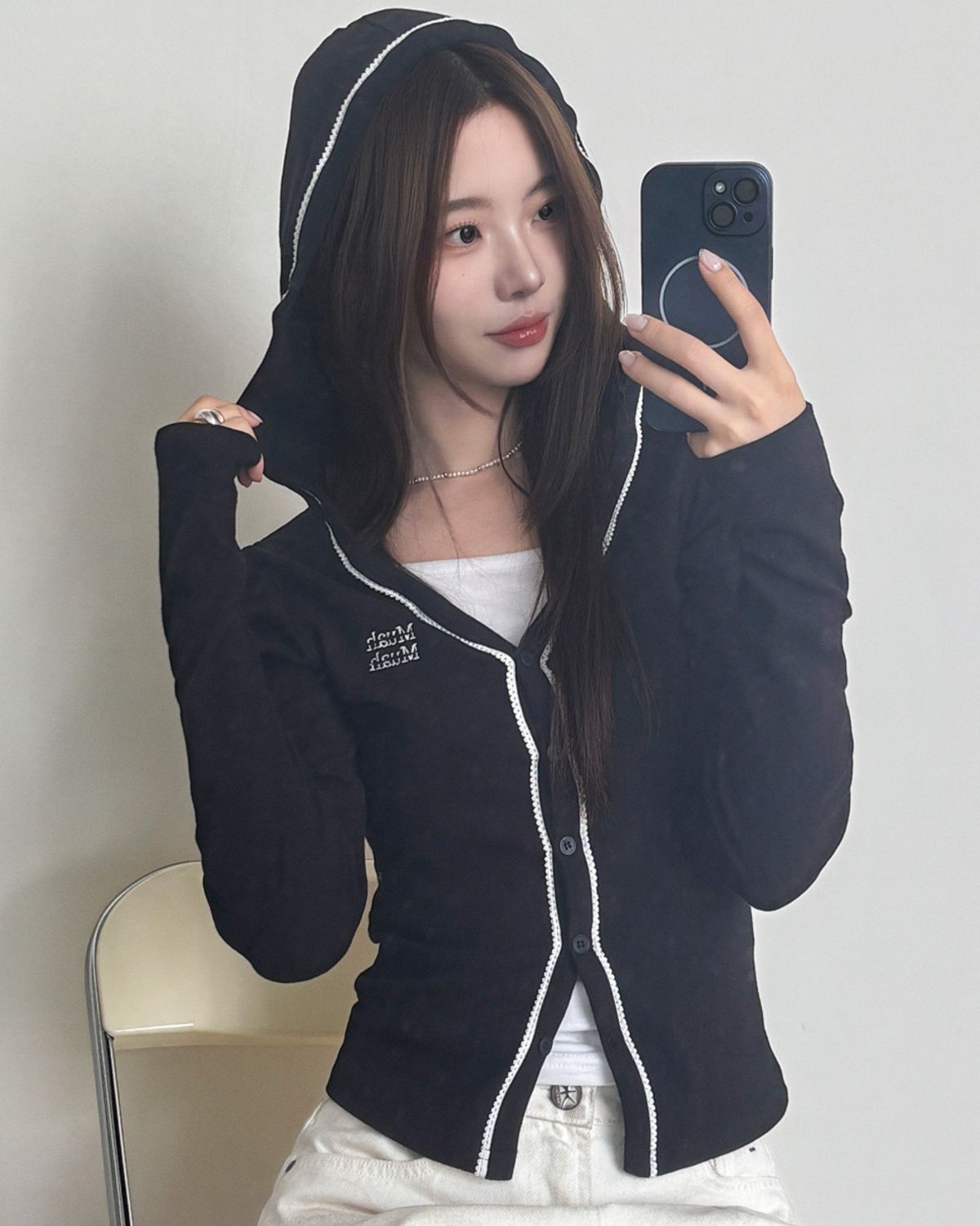 무아무아(MUAHMUAH) 레이스 포인트 더블 후드가디건 [블랙]