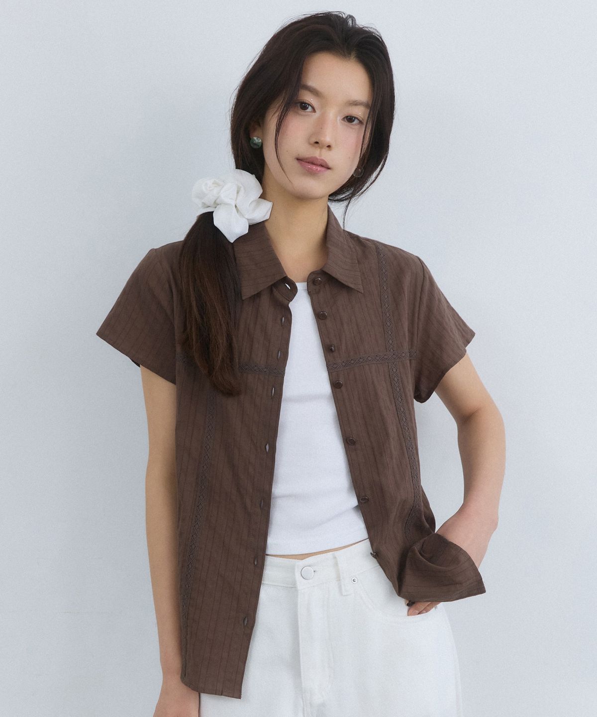 어다울(ADAUL) Cross lace see through belted blouse - brown