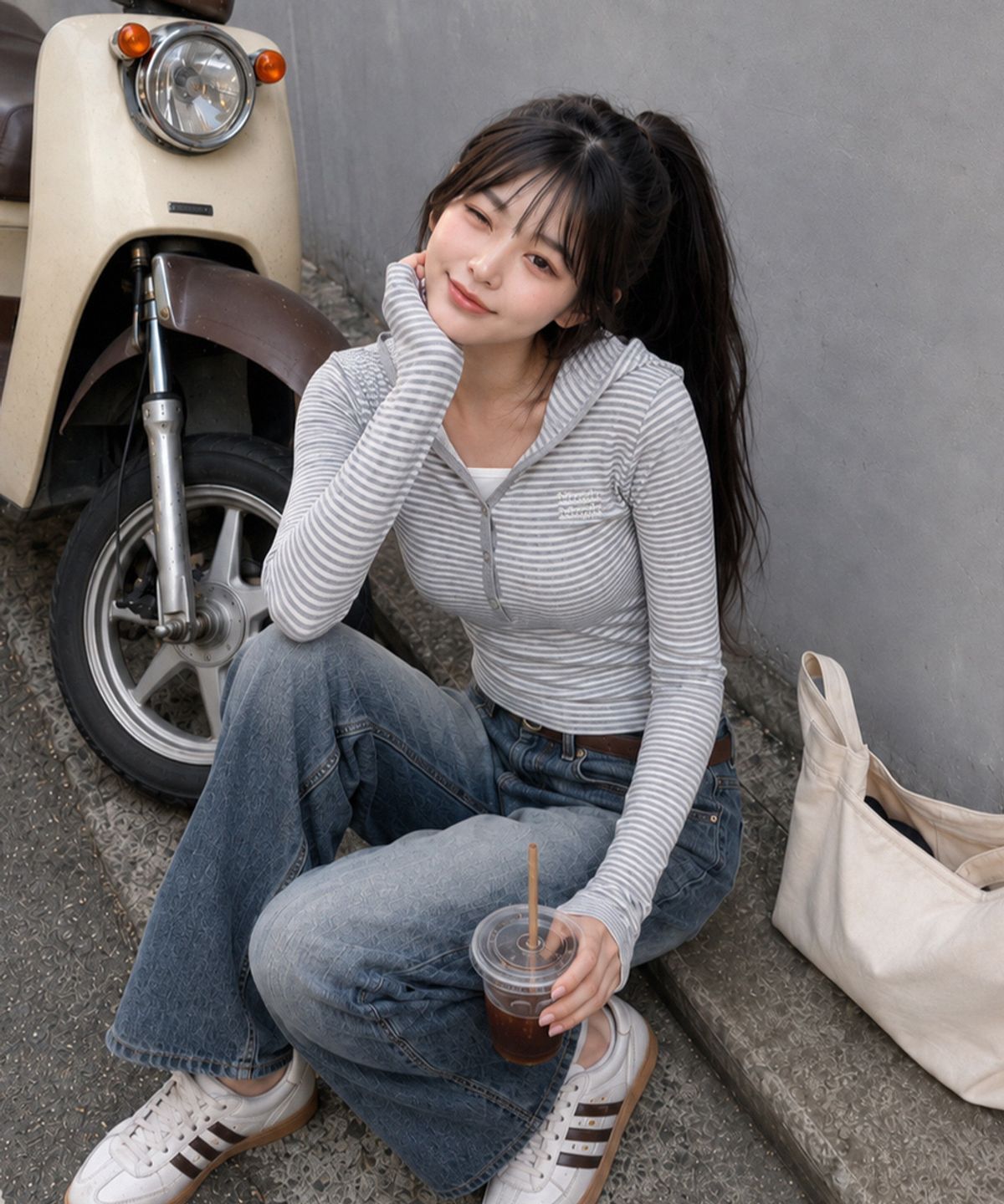 무아무아(MUAHMUAH) 브러쉬 스트라이프 후드 긴팔티 [그레이]