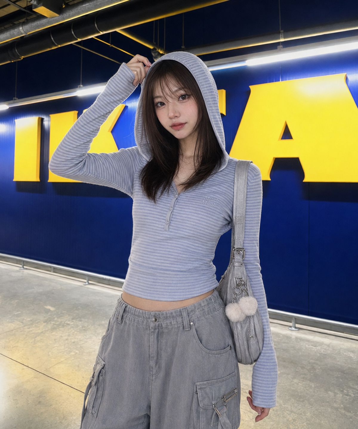 무아무아(MUAHMUAH) 브러쉬 스트라이프 후드 긴팔티 [블루]