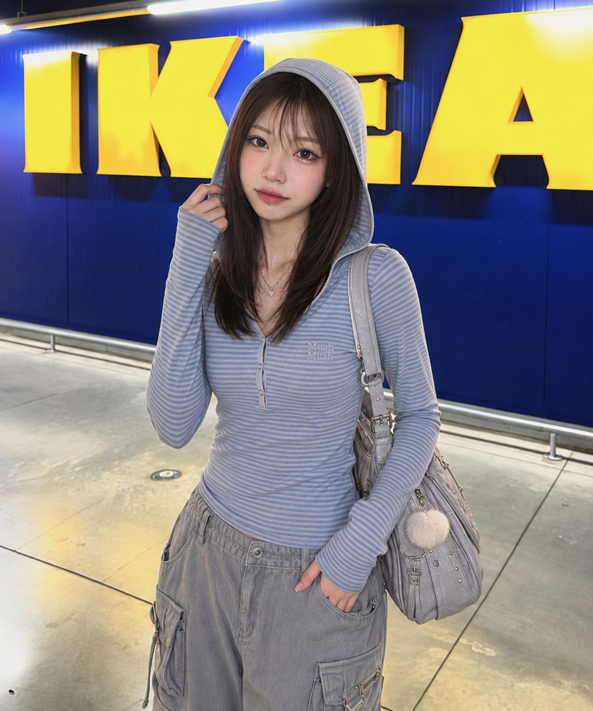 무아무아(MUAHMUAH) 브러쉬 스트라이프 후드 긴팔티 [블루]