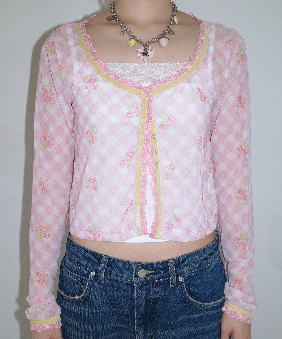 페이키(FAKIII) Rose Check Sheer Cardigan_PINK