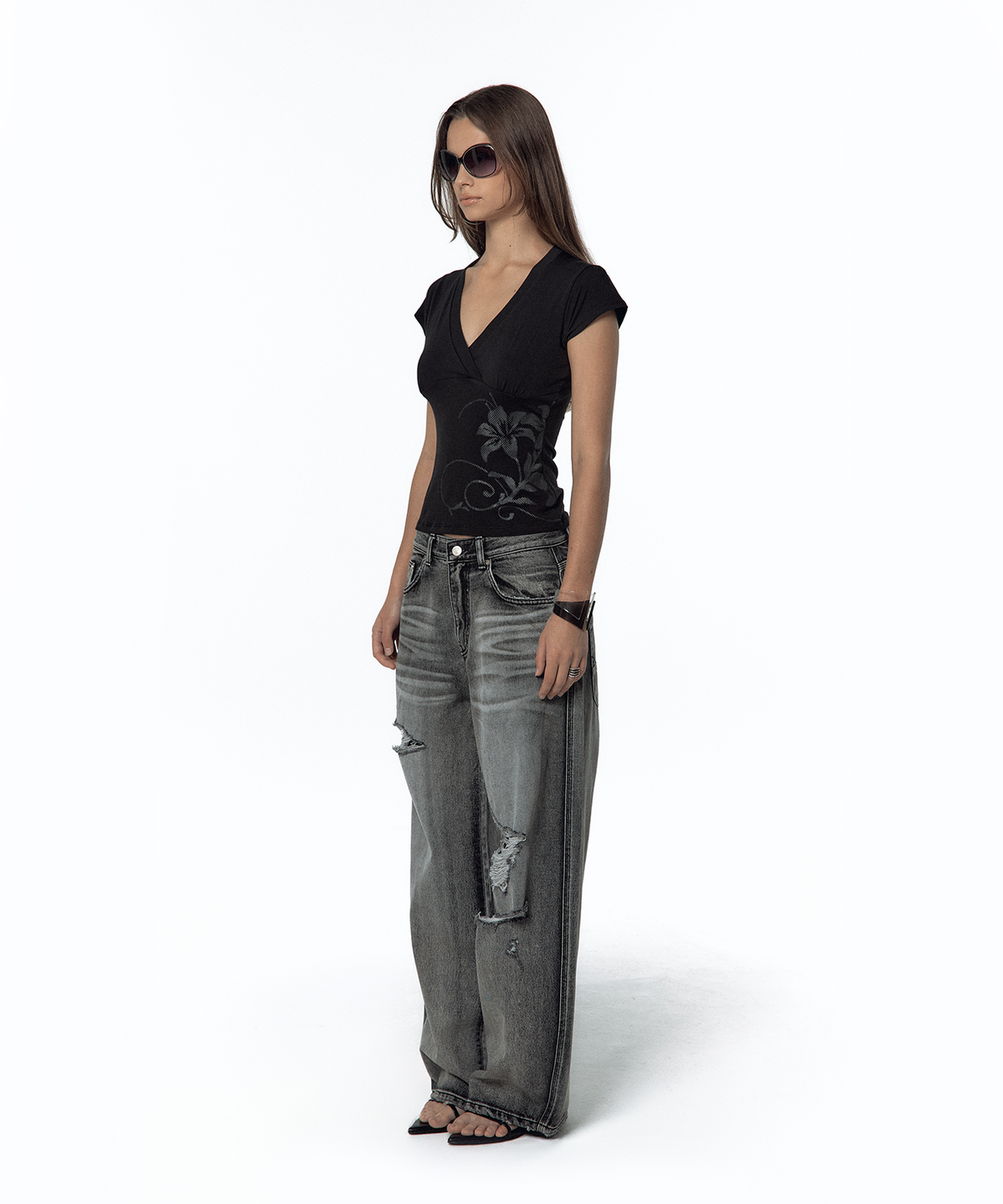 카시코(KASHIKO) Milk Ripped Wide Jeans Light Gray