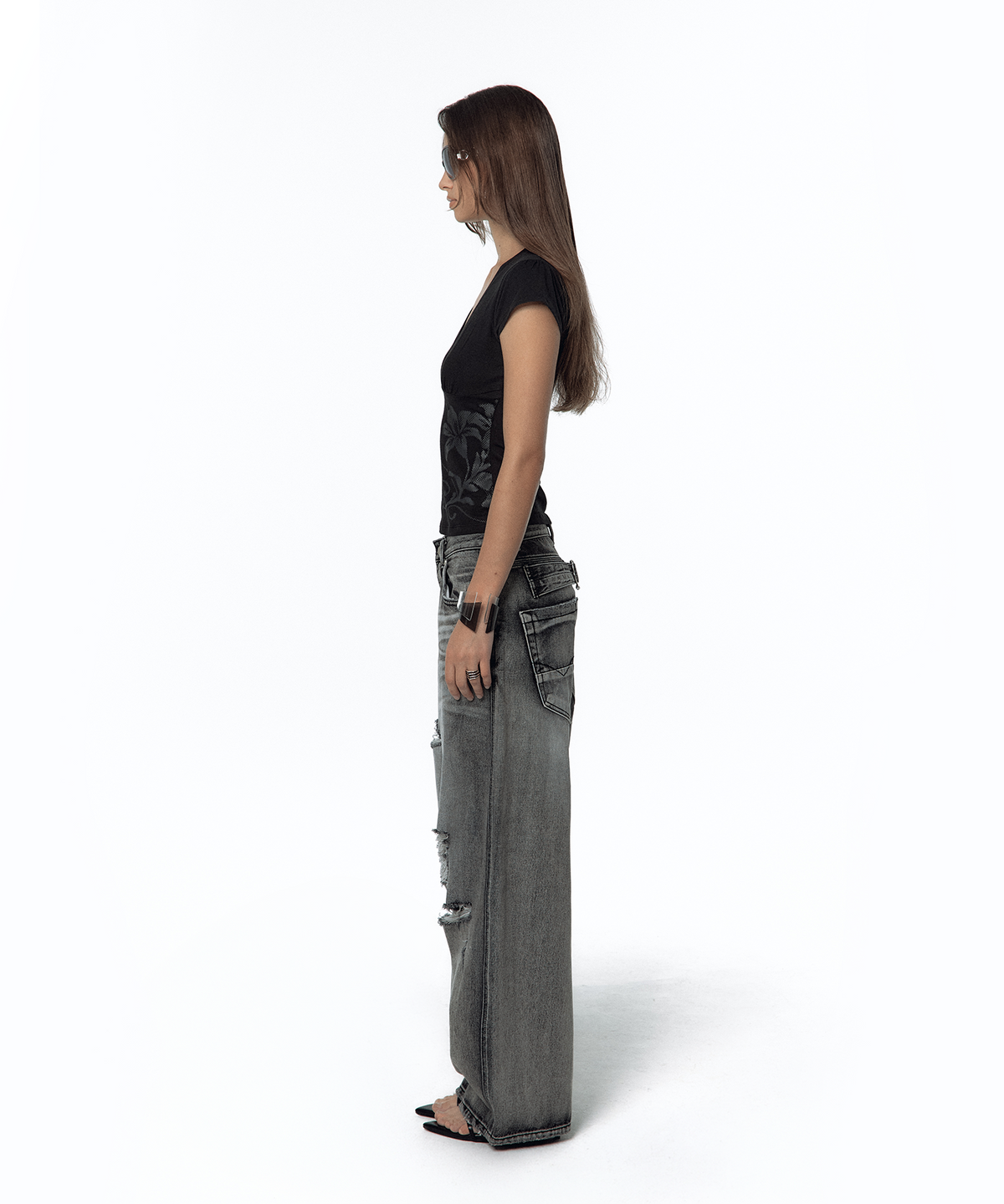 카시코(KASHIKO) Milk Ripped Wide Jeans Light Gray