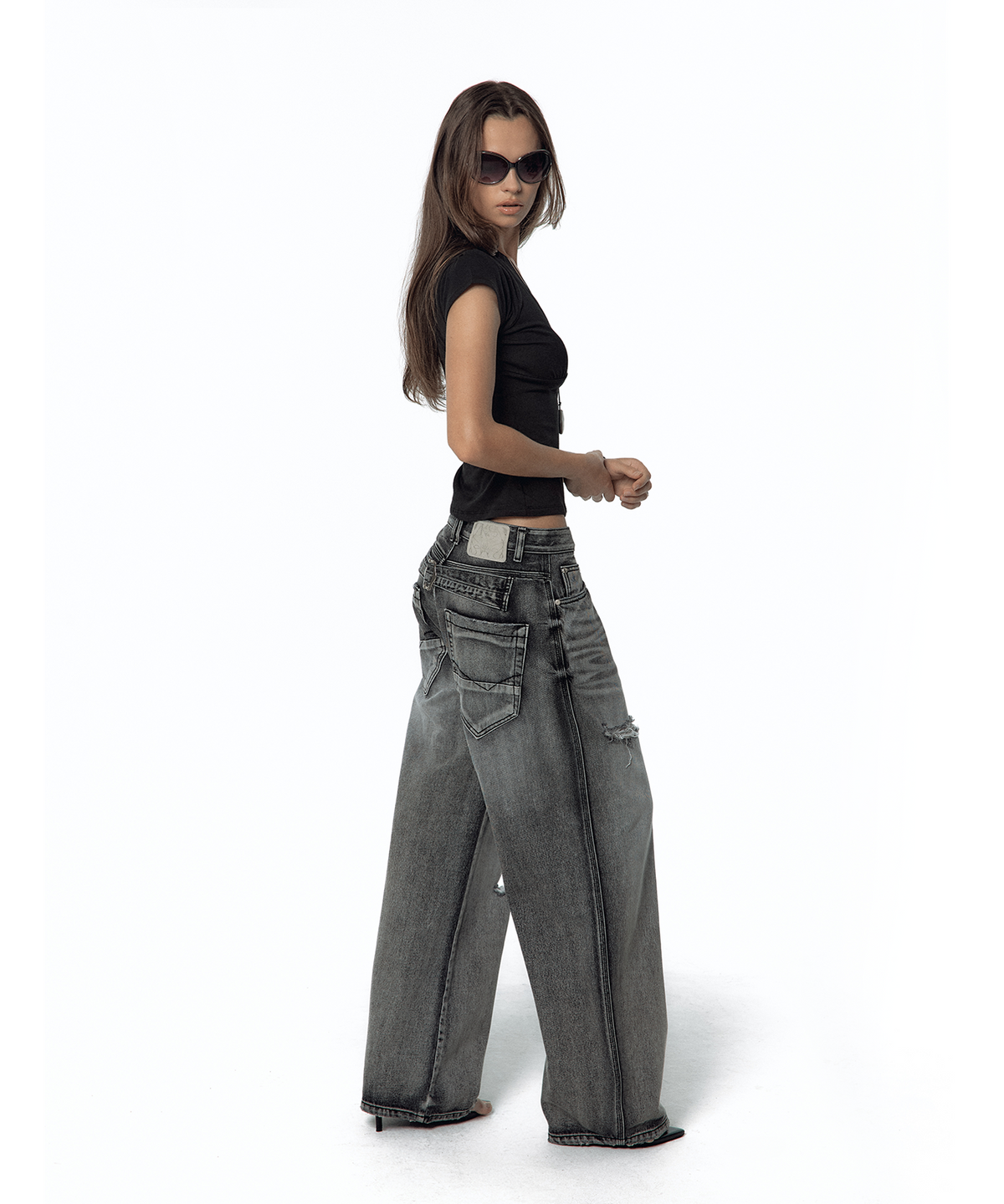 카시코(KASHIKO) Milk Ripped Wide Jeans Light Gray