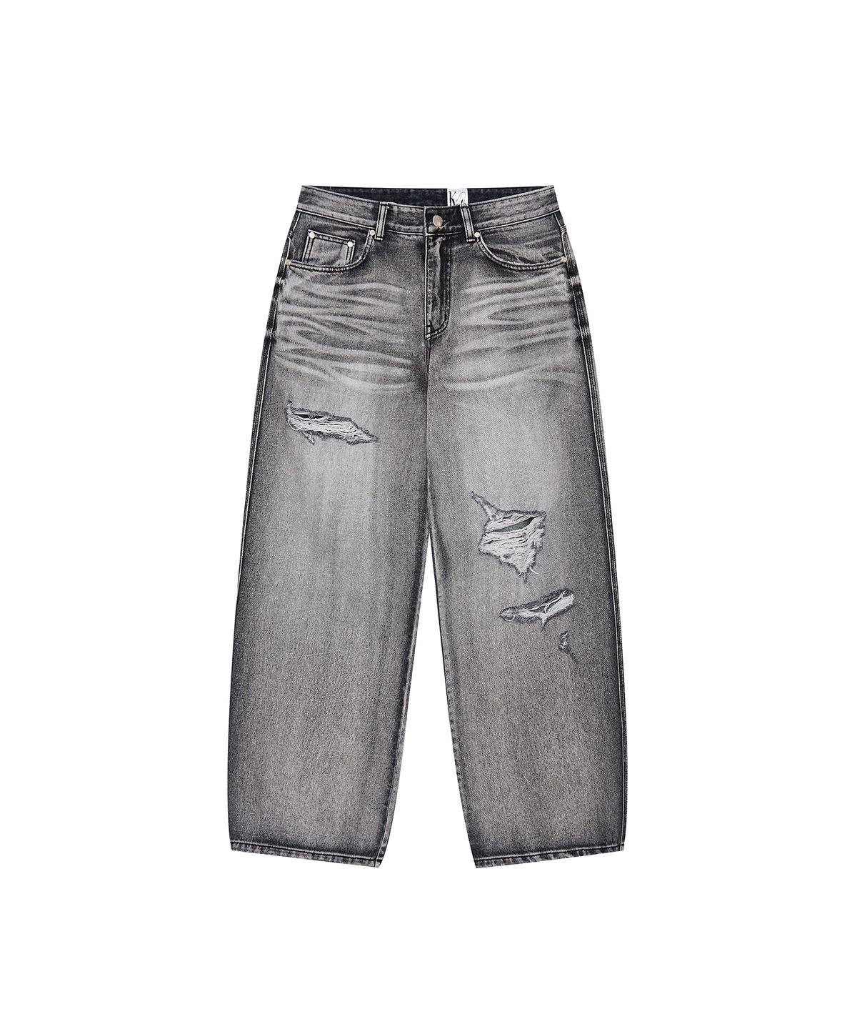 카시코(KASHIKO) Milk Ripped Wide Jeans Light Gray