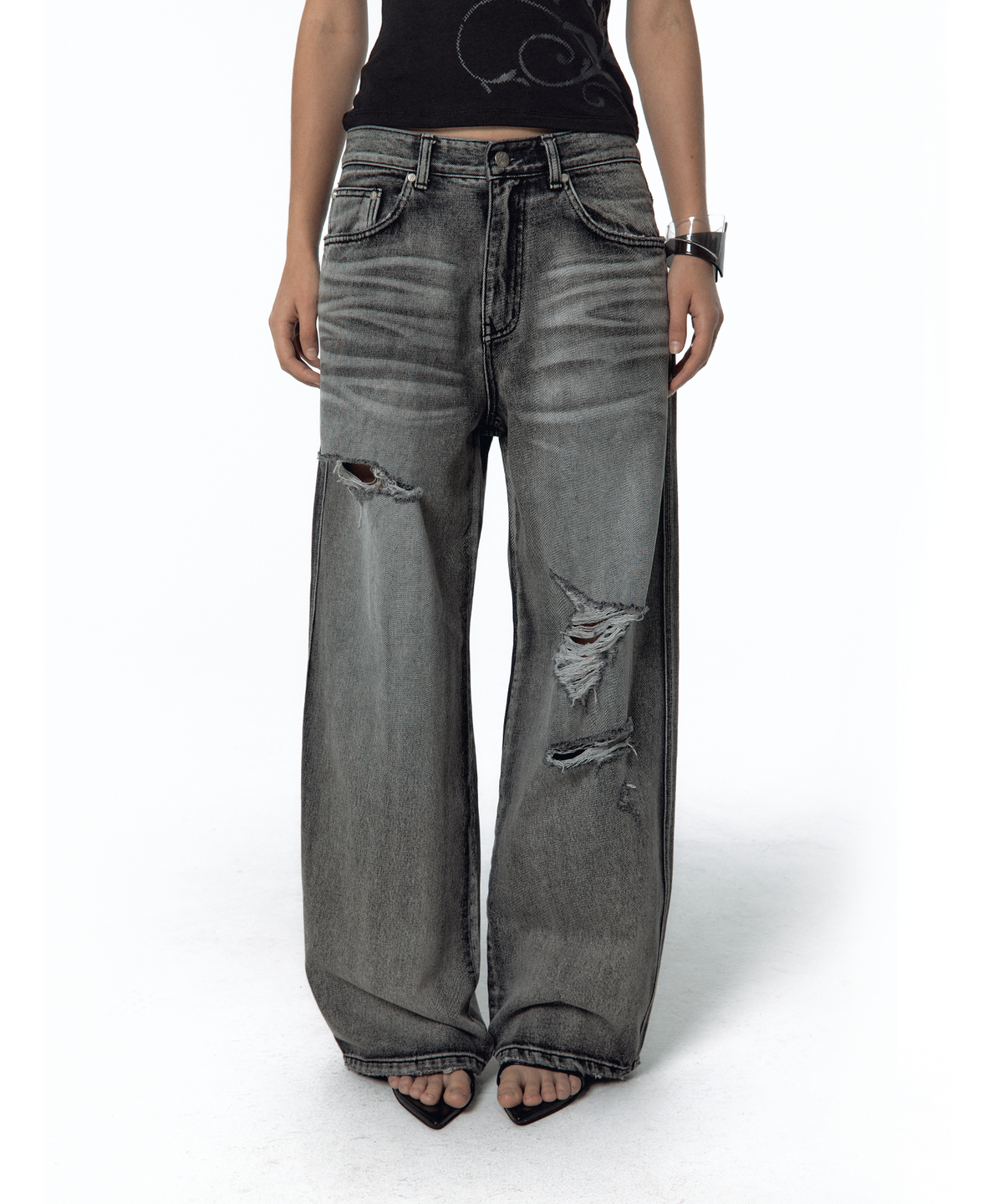 카시코(KASHIKO) Milk Ripped Wide Jeans Light Gray