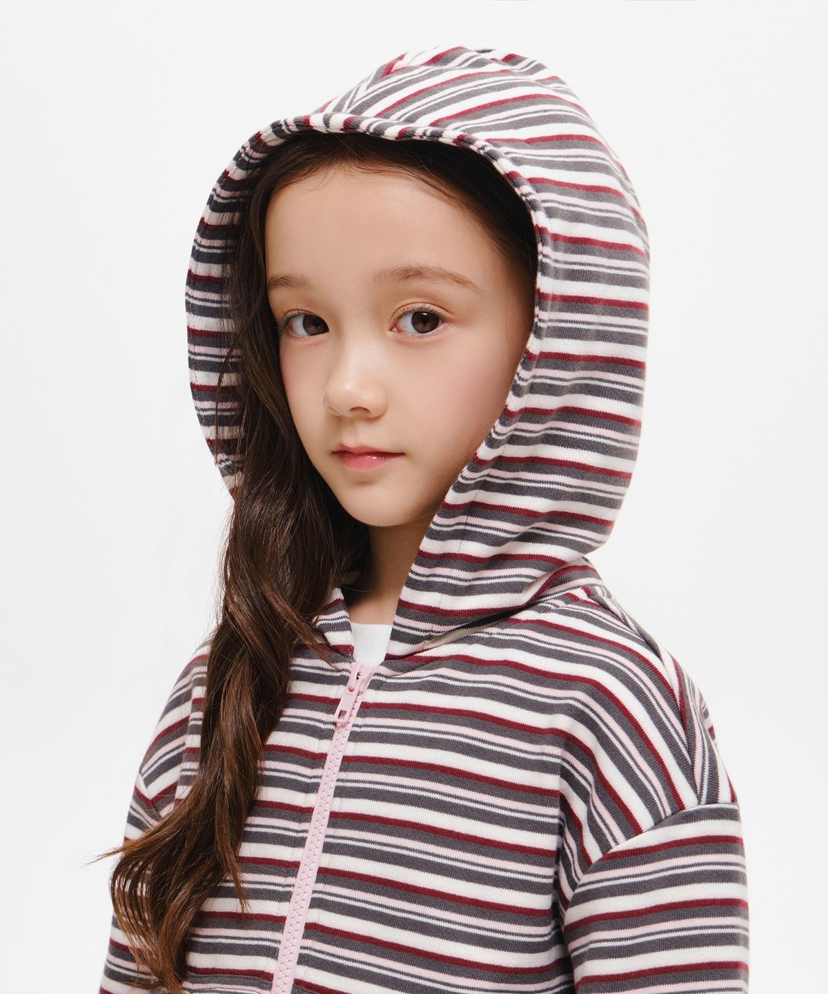 무신사 스탠다드 키즈(MUSINSA STANDARD KIDS) 걸즈 멀티 스트라이프 후디드 스웨트 집업 [핑크]