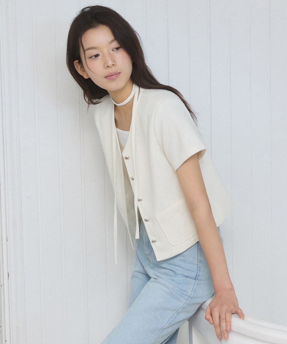 어다울(ADAUL) V neck choker half tweed jacket - ivory