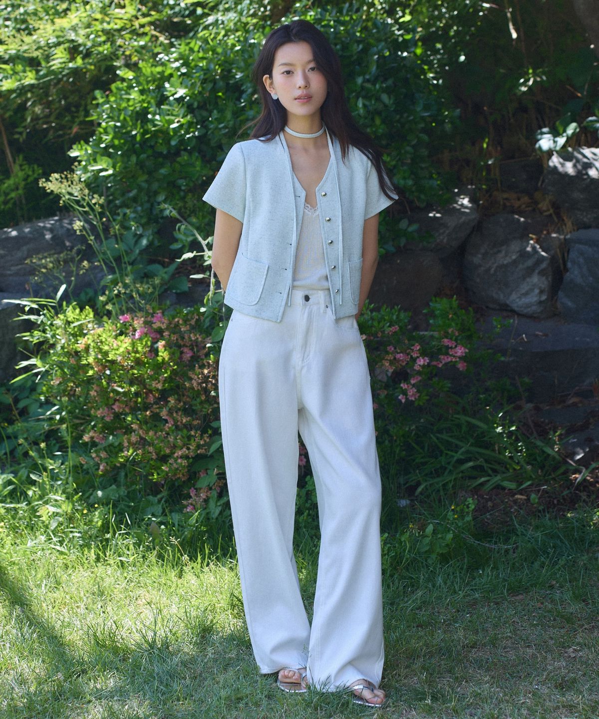 어다울(ADAUL) V neck choker half tweed jacket - mint