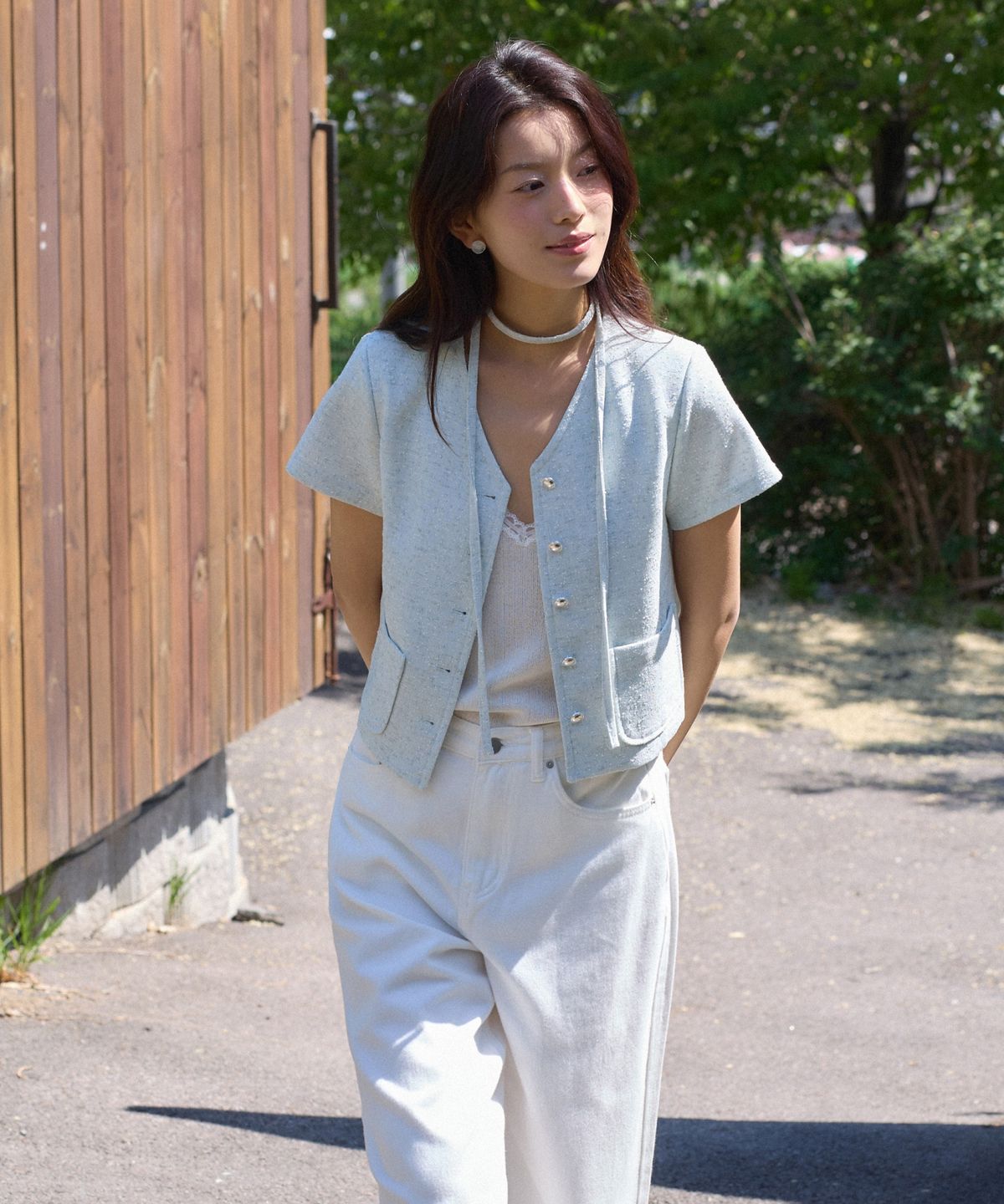 어다울(ADAUL) V neck choker half tweed jacket - mint