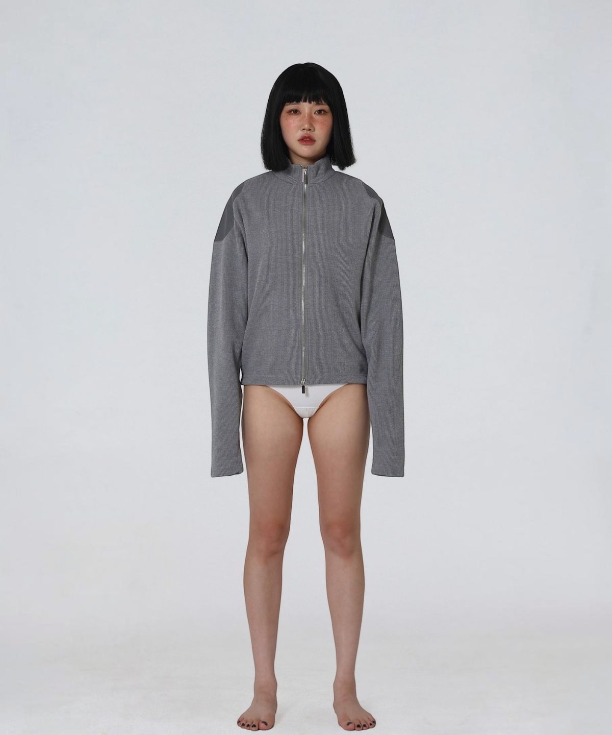 엑세스(XX) Shoulder Patch Zip-up Crop Knit Gray