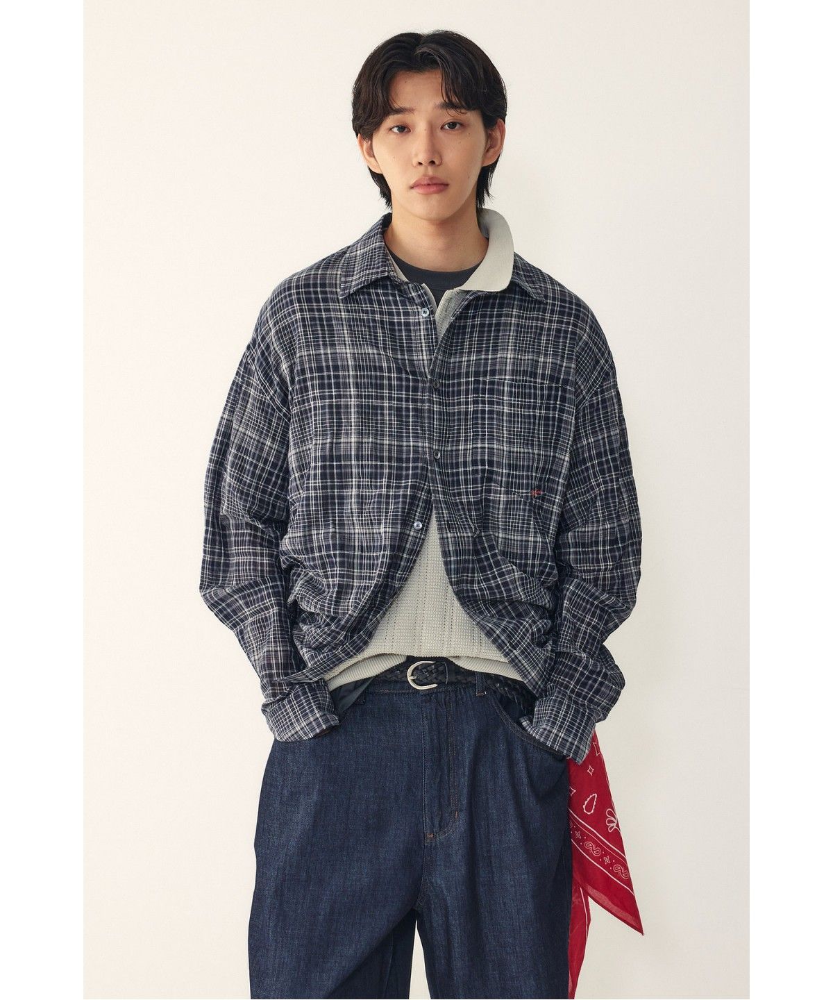 스튜디오 톰보이(STUDIO TOMBOY) [MEN] 포켓 자수 디테일 체크 셔츠_네이비 9156221321