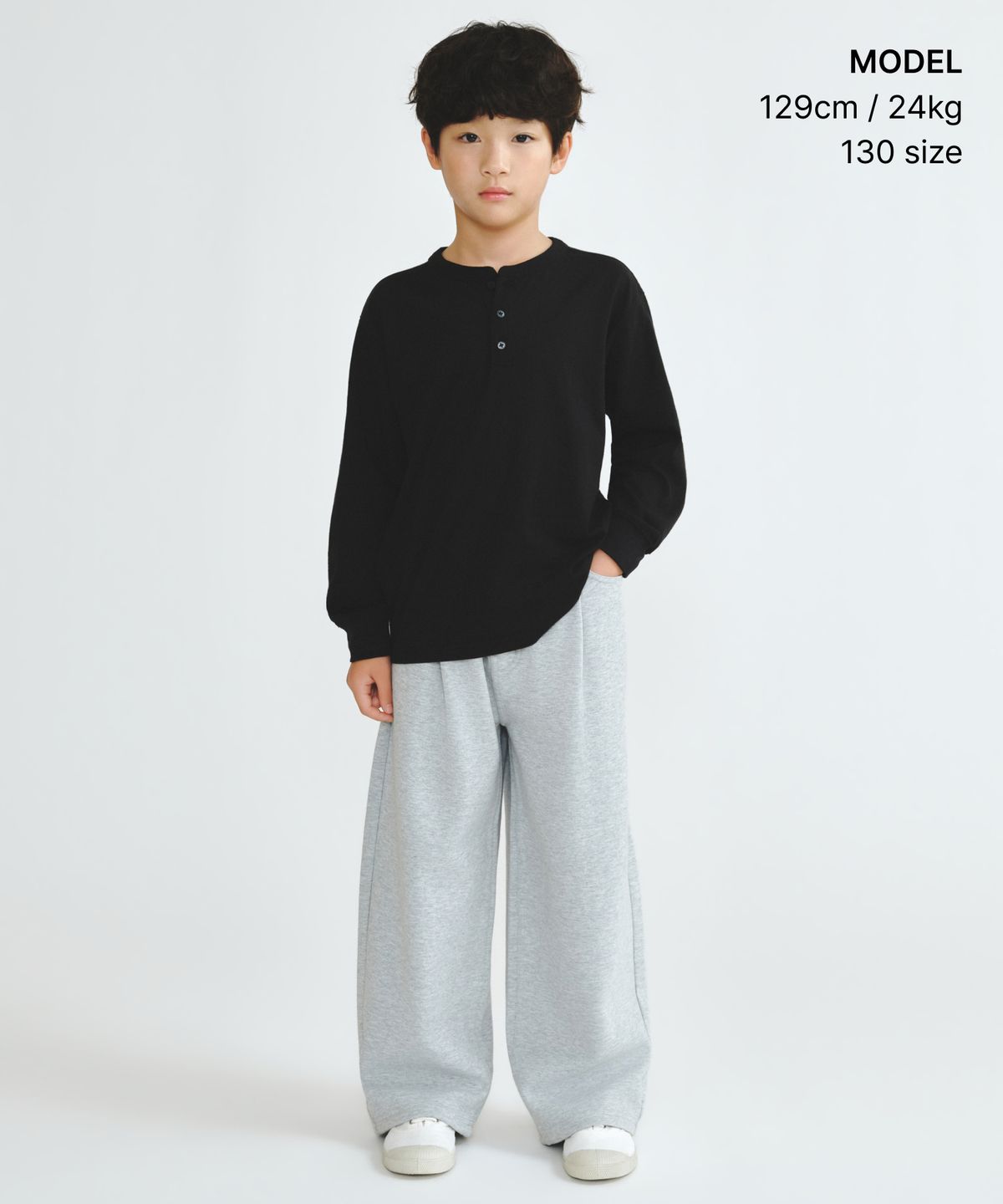 무신사 스탠다드 키즈(MUSINSA STANDARD KIDS) 립 커프스 헨리 넥 긴소매 티셔츠 [블랙]