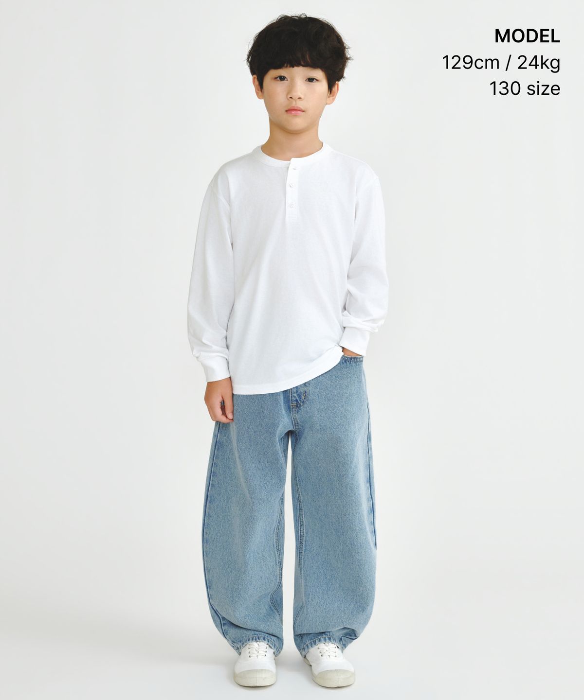 무신사 스탠다드 키즈(MUSINSA STANDARD KIDS) 립 커프스 헨리 넥 긴소매 티셔츠 [화이트]