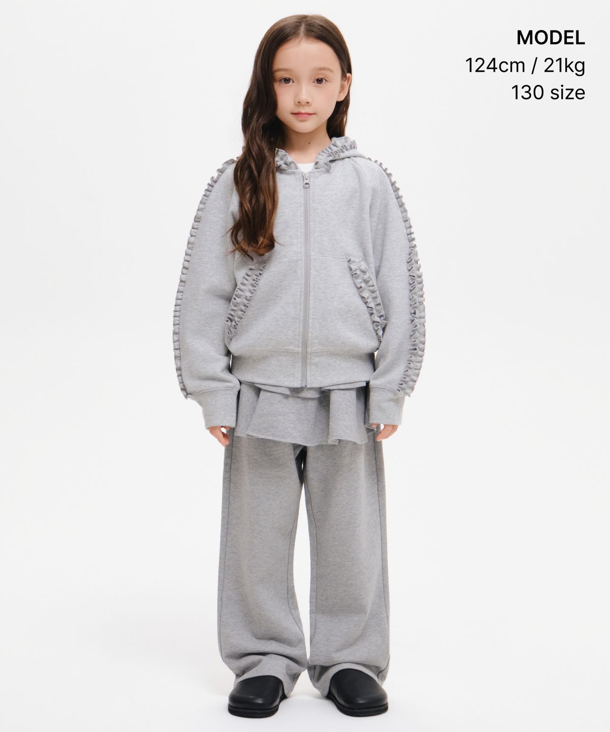 무신사 스탠다드 키즈(MUSINSA STANDARD KIDS) 걸즈 프릴 후디드 스웨트 집업 [미디엄 그레이]