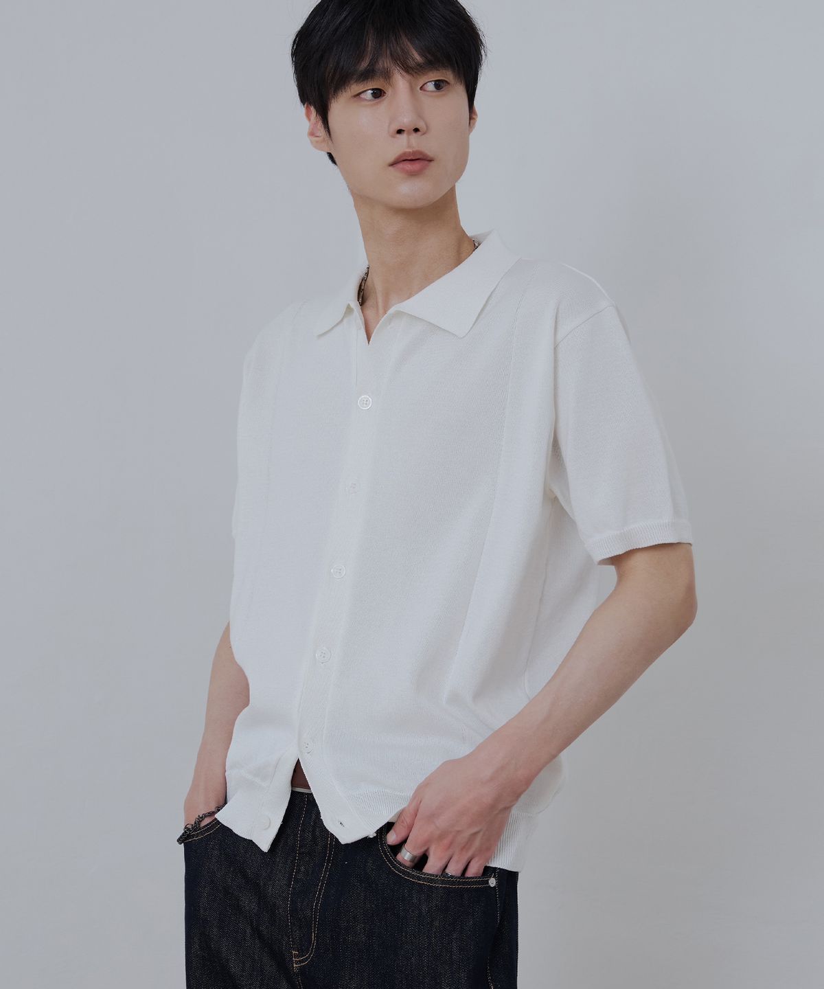 노드유(NODU) 쿨 썸머 워셔블 카라 크롭 하프 가디건 [아이보리]