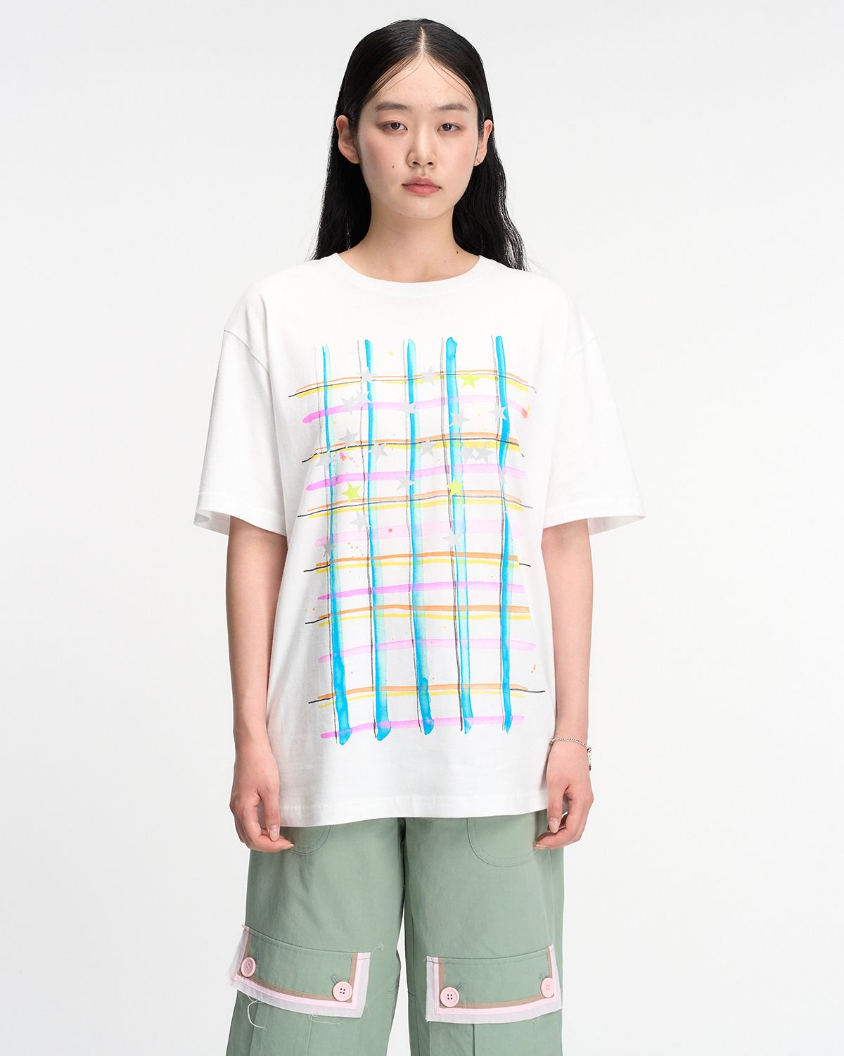 더뮤지엄비지터(THEMUSEUMVISITOR) CHECK PRINTED OVERSIZED T-SHIRT (WHITE)