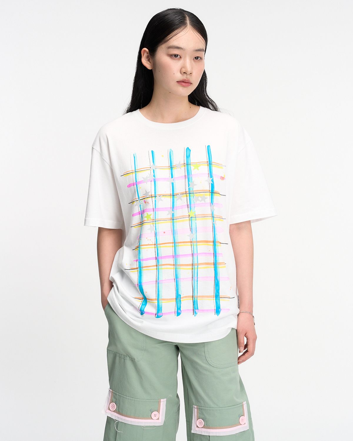 더뮤지엄비지터(THEMUSEUMVISITOR) CHECK PRINTED OVERSIZED T-SHIRT (WHITE)