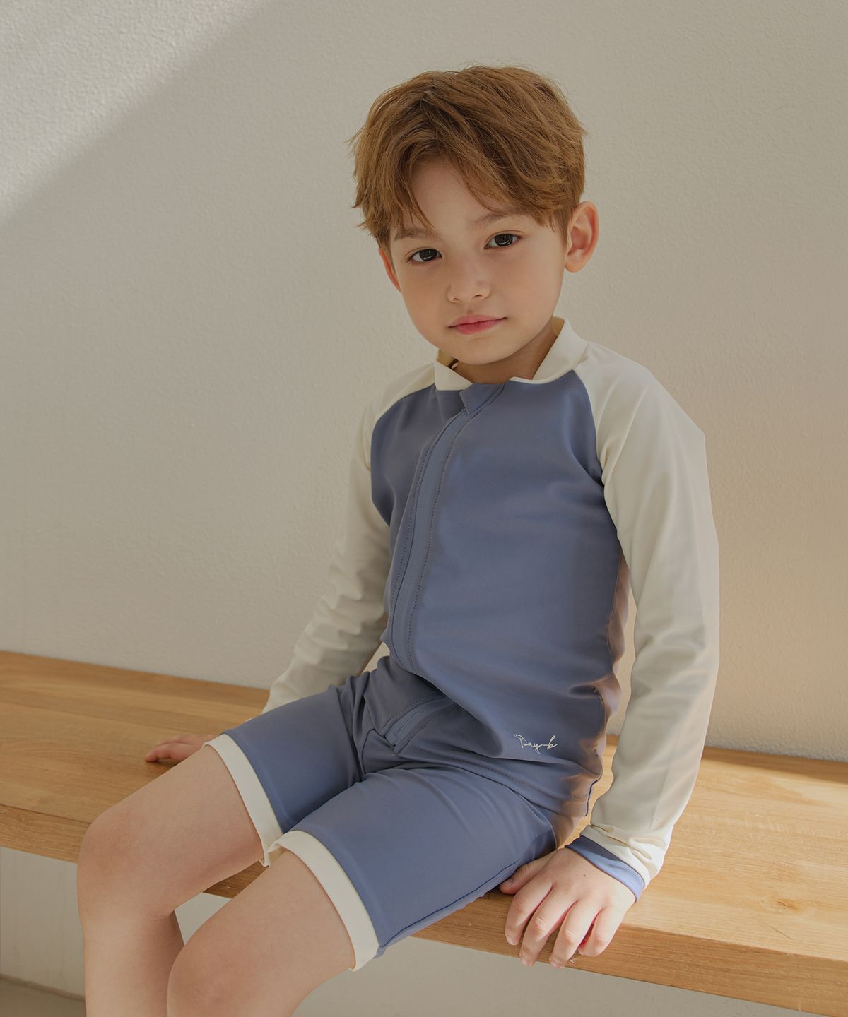 베이-비(BAY-B) 남아용 에센셜 집업 플럼블루 래쉬가드 +수영모 세트