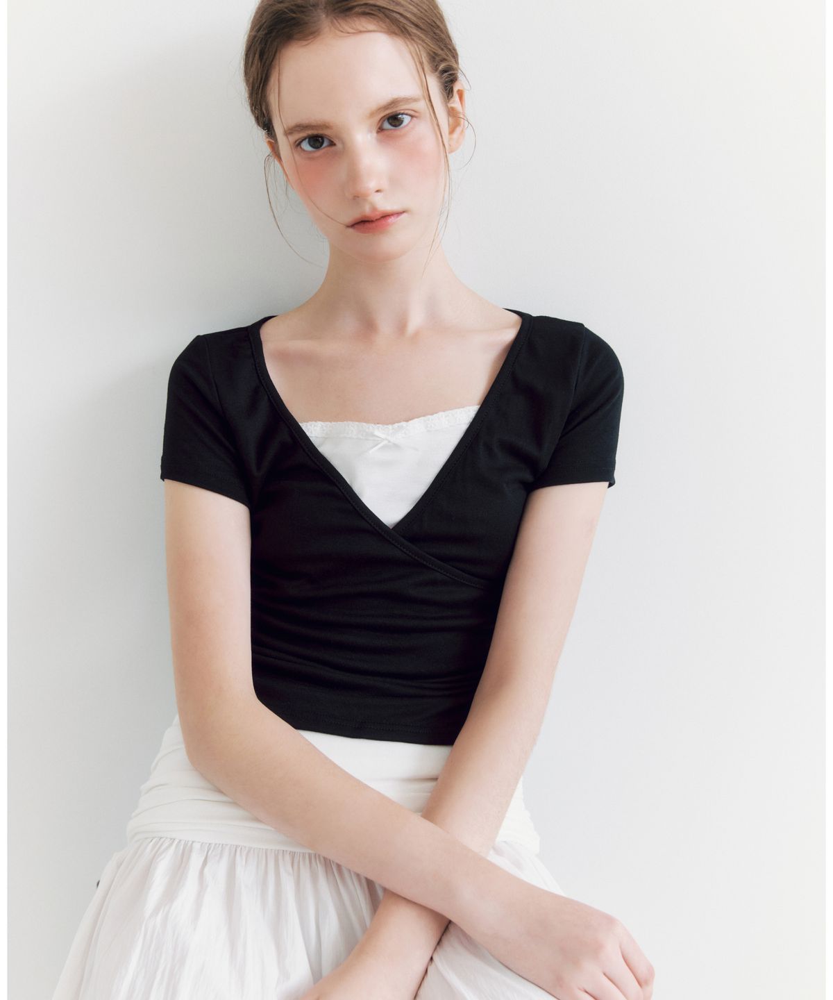 미쏘(MIXXO) 랩 레이어드 반팔 티셔츠 RE LWG44SS_MIWHWG75QS