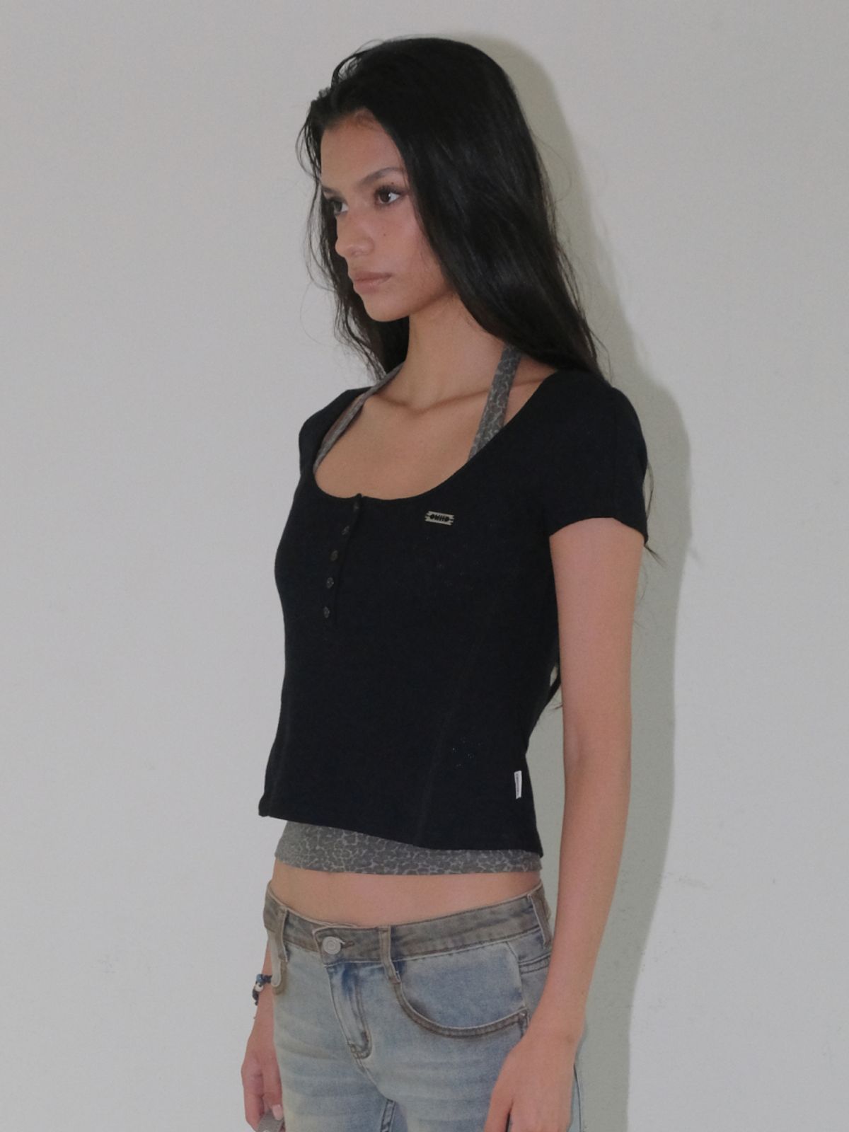 오디너리 홀리데이(ORDINARY HOLIDAY) HALTER LAYERED SHORT SLEEVE SET [BLACK]